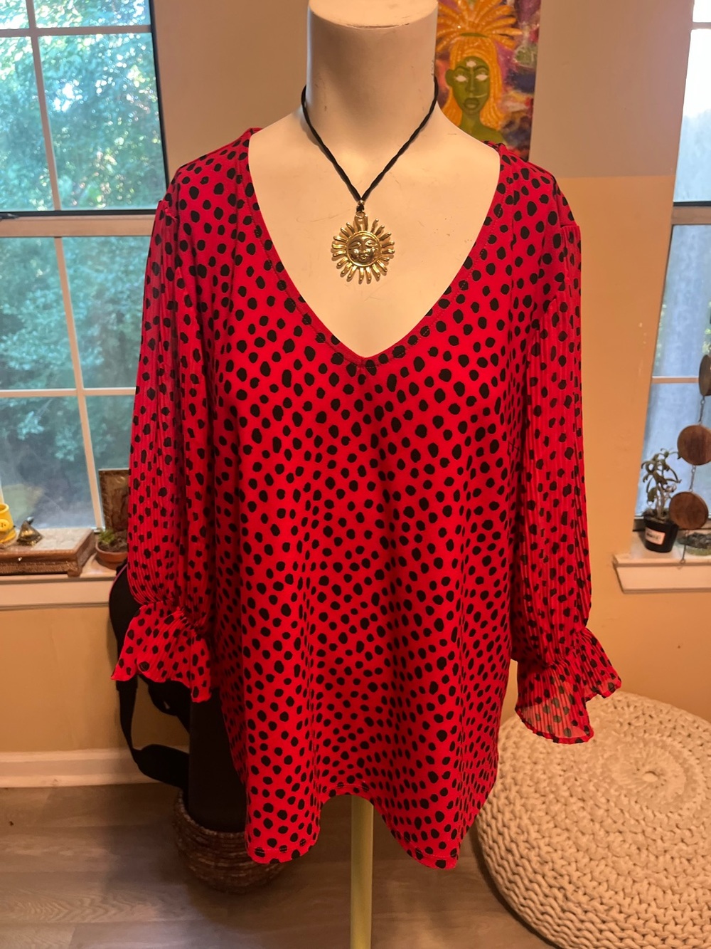 Red Polka Dot V-Neck Women's Blouse pinup boho
